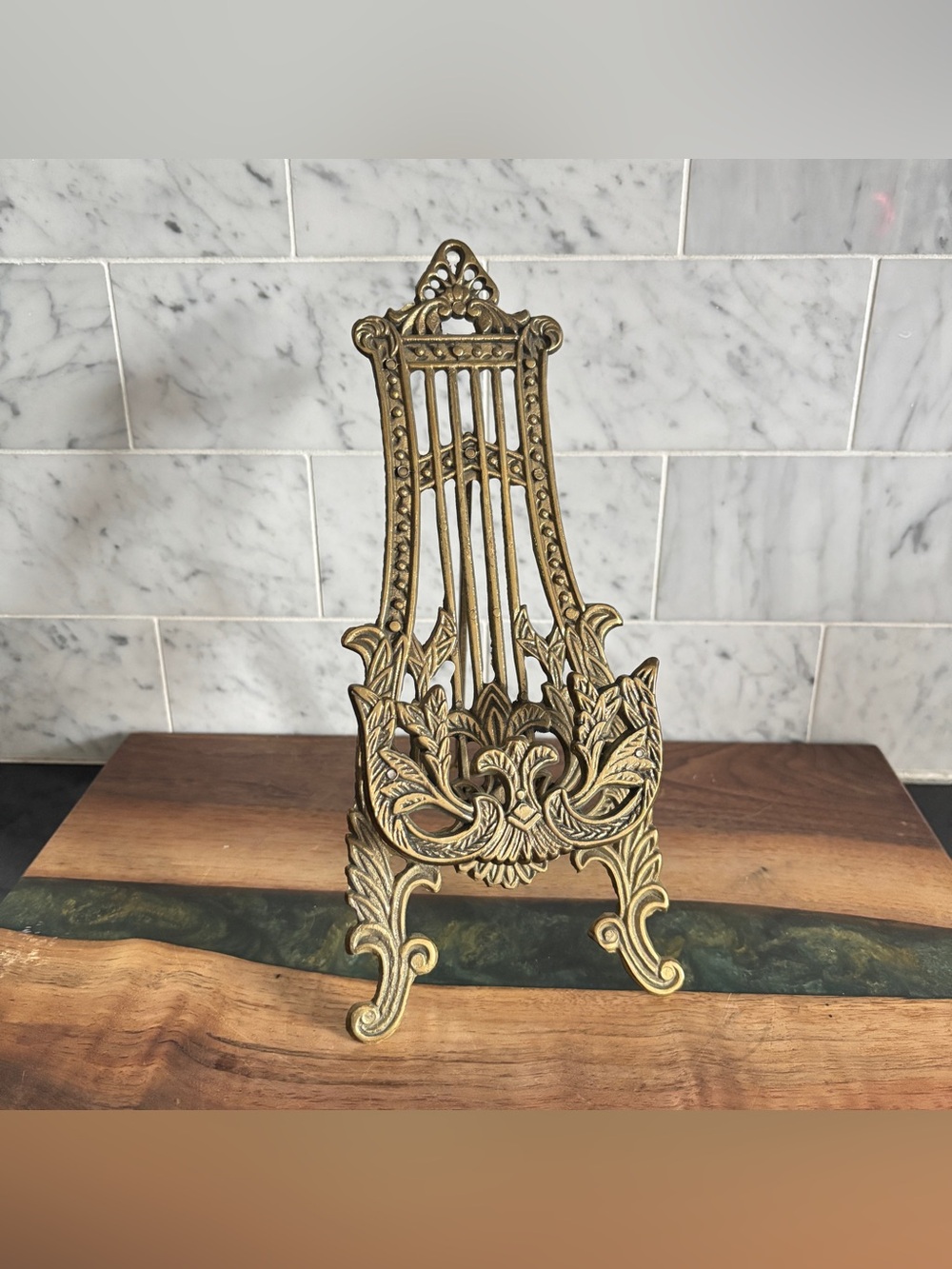 Vintage Ornate 8.5” Brass Lyre Shaped Easel Display Stand